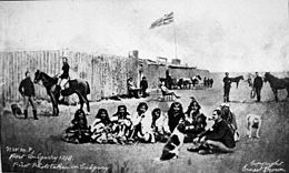 Mounted police and members of the Blackfoot First Nation at Fort Calgary, 1878 North-West Mounted Police, Fort Calgary, 1878.jpg