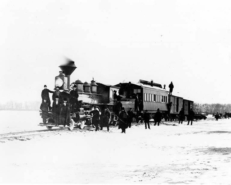 File:Northern Pacific train crossing the Missouri River on tracks over the ice near Bismarck, North Dakota, March 1879 (TRANSPORT 223).jpg