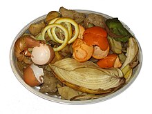 Inevitable waste: peels of potato, onion, lemon, tangerine, banana, kiwi, egg shell Not avoidable food waste.jpg