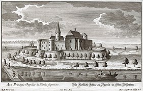 Das Oppelner Schloss mit Piastenturm in einem Stich von 1777