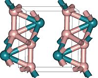 Structure of orthorhombic RuB2. Green atoms are Ru, pink - boron OsB2structure.JPG