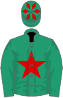 Emerald green, red star, diamonds on cap