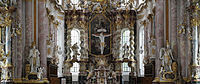 English: Panoramic view of the medieval altar of the Holy Cross, the high altar and choir of church Mariä Himmelfahrt at the cloister Fürstenfeld. Deutsch: Panoramablick auf den mittelalterlichen Kreuzaltar, den Hochaltar und den Chor der Kirche Mariä Himmelfahrt des Klosters Fürstenfeld.