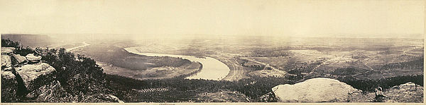A panoramic view from the top of Lookout Mountain, overlooking Chattanooga; albumen print, February 1864, by George N. Barnard