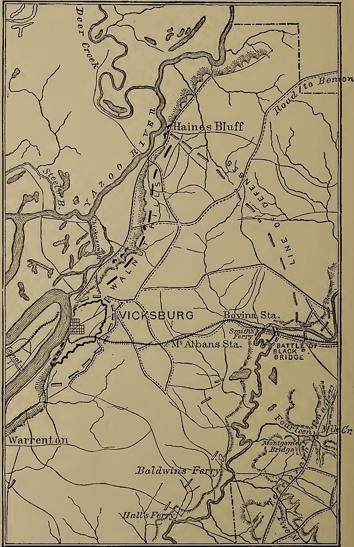 A map of Vicksburg showing a line of defense south of the Yazoo River descending down to the nearby Battle of Black Bridge