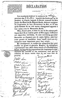 Pétition des habitants de Sciez pour le rattachement de la Savoie du Nord (Chablais et Faucigny) à la Suisse, 1859.