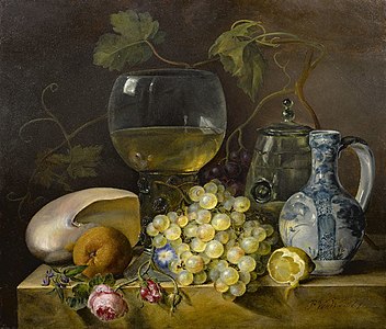 Nature morte au rhum, coquillage et raisins