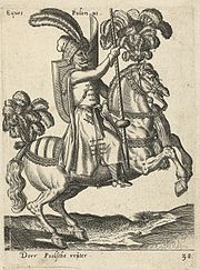 Польский гусар, пика удержи- вается током, за спиной всад- ника закреплен асимметричный венгерский щит, конь украшен плюмажами, Авраам де Брейн (1578)[18]