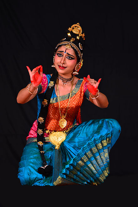 A dancer in a costume, an expressive part of a Kuchipudi performance.