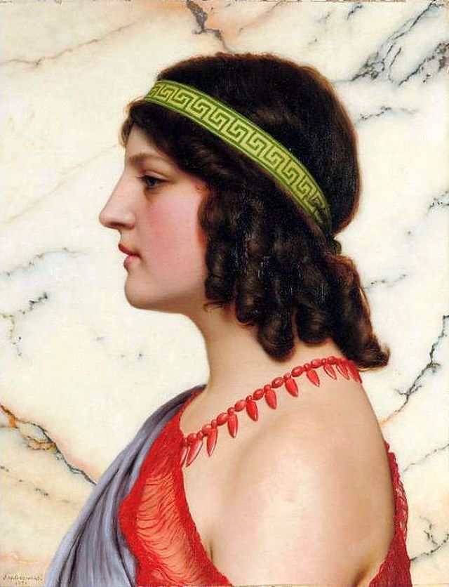 Painting of a profile view of Praxilla, a woman with brown curled hair, a yellow headband with a green decorative pattern, and a pink necklace and Greek chiton. She stands in front of a granite backdrop.