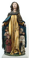"Ravensburška Marija Zavetnica s plaščem", naslikana na lipov les ca. 1480, Pripisana Michelu Erhartu.