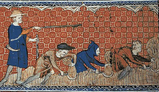 Kuva keskiaikaisesta maalauksesta kuvaa maaorjia työssään ja lääninherraa valvomassa.