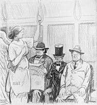 Cartoon showing Senators Lodge, Borah and Hiram Johnson blocking Peace Refusing to give the lady a seat --Treaty of Versailles.jpg