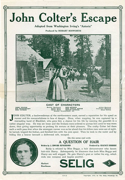 Release flier for the 1912 silent film, John Colter's Escape