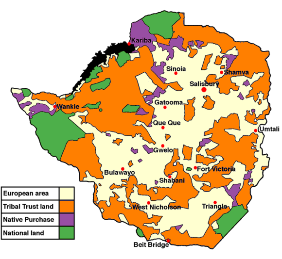 In 1962, Rhodesia was split about equally between black (orange and purple) and white (yellow) areas. The ruling United Federal Party proposed the removal of racially defined boundaries, except for reserved Tribal Trust Lands (orange), which made up about 45% of the country.[65]