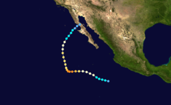 Map plotting the track and the intensity of the storm, according to the Saffir–Simpson scale