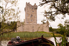 A castle on a lake shore with a high keep behind a curtain wall with flanking towers