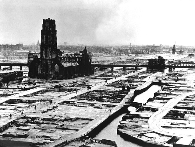 Rotterdam's city centre after the bombing. The heavily damaged (now restored) St. Lawrence church stands out as the only remaining building that is re