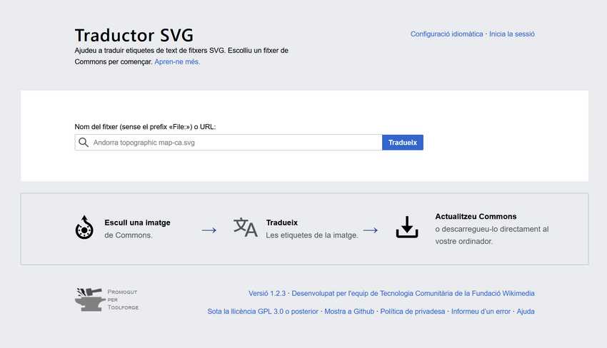 Aquesta és la pàgina principal de l'eina SVG Translate abans d'iniciar-hi la sessió amb el vostre compte d'usuari.