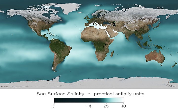Annual mean sea surface salinity, measured in 2009 in practical salinity units [15]