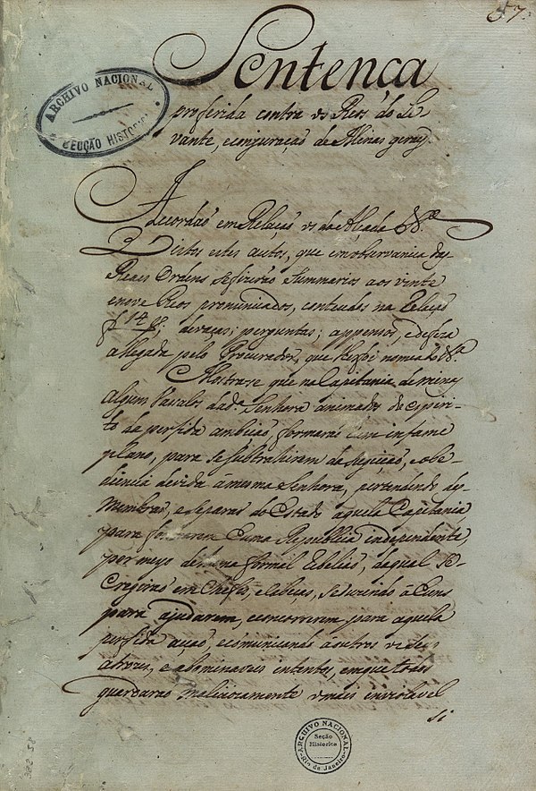Sentence pronounced against Tiradentes, 1792.