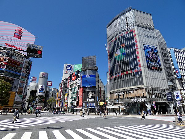 Few pedestrians on the Shibuya Crossing during the state of emergency in the middle of Japan's first wave of the COVID-19 pandemic, early 2020