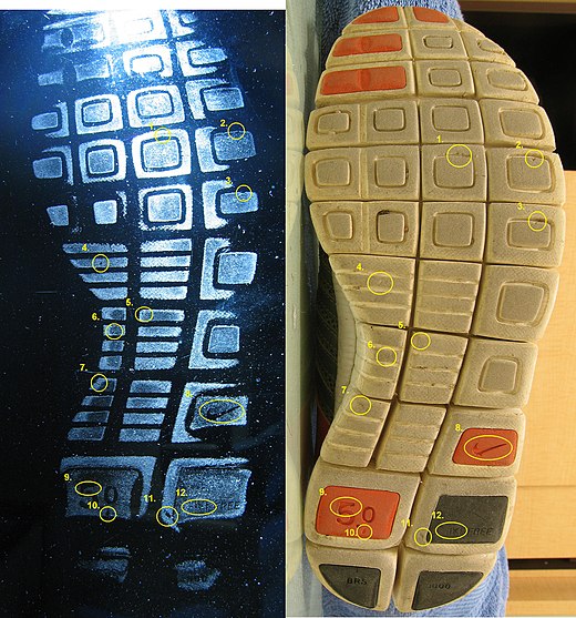 Links: schoenspoor op de plaats delict. Rechts: schoen van de verdachte. Rondjes geven de overeenkomsten aan: bewijs dat de schoen (niet per definitie de verdachte) op de plaats delict was.