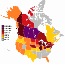 Podíl slovanských Američanů na populaci podle státu, provincie nebo teritoria