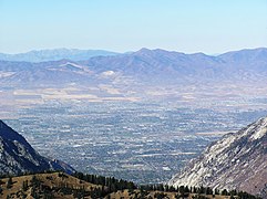 View of the Salt Lake Valley from 11,000 foot summit of Hidden Peak, reached via Snowbird ski resort tram