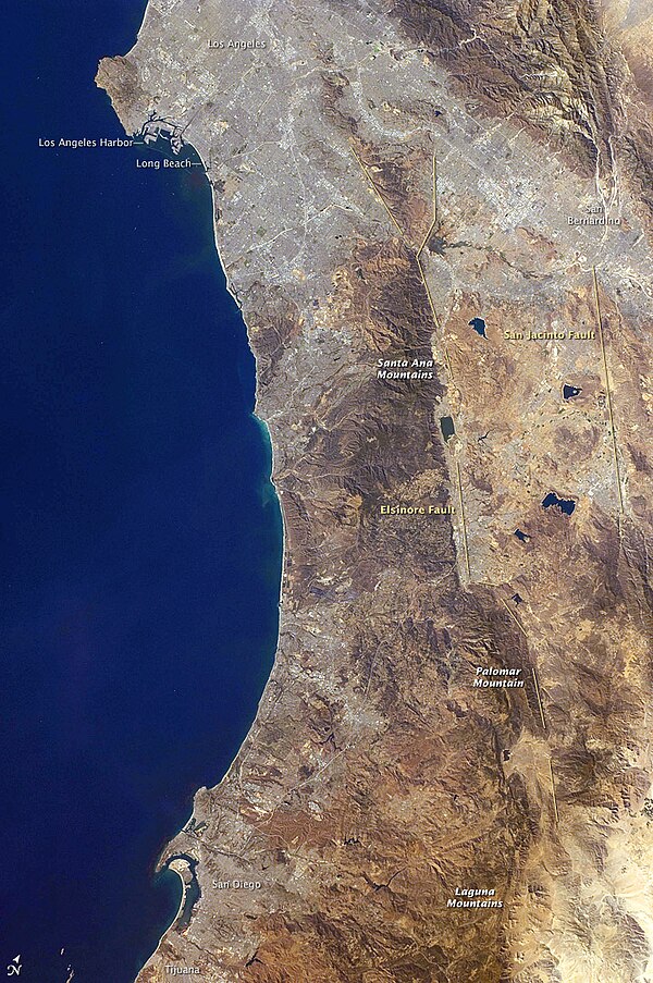 Laguna Mountains (lower right/east), and other Peninsular Ranges in Southern California.