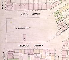 St. John's Burial Ground in 1854. The handwritten note on the one house in the blank area between Clarkson, Leroy and Hudson Streets says "E.A. Poe 113 1/2"