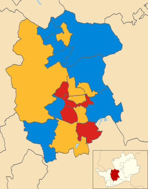 Map of the results of the 2002 St Albans City and District Council election. Conservatives in blue, Liberal Democrats in yellow and Labour in red. St Albans UK local election 2002 map.svg