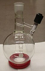 A Straus flask often called a solvent bomb. "Solvent bomb" is any Schlenk bomb dedicated to storing solvent. It is the construction of the flask neck which makes a Straus flask unique. Straus flask.JPG