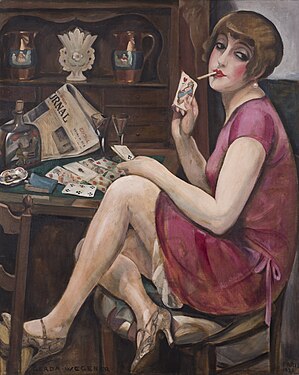 Oil painting of a woman with dark hair wearing a red dress, looking at the viewer while smoking a cigarette in front of a card game table