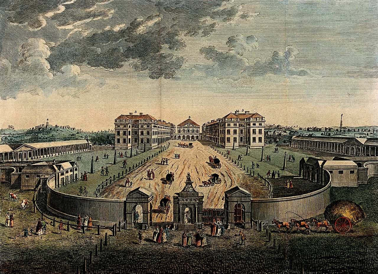 A bird's-eye view of the Foundling Hospital courtyard. Coloured engraving after L. P. Boitard, 1753.