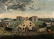 The Foundling Hospital in London, c. 1753. The original building has since been demolished. The Foundling Hospital, Holborn, London; a bird's-eye view o Wellcome V0013461.jpg