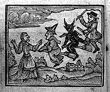 Woodcut showing a witch on a broomstick with a conical hat, from The History of Witches and Wizards (1720) The History of Witches and Wizards, 1720 Wellcome L0026615.jpg