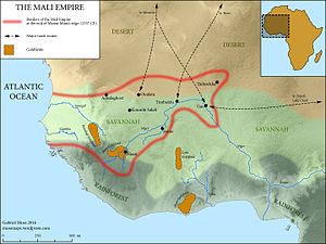 A map of West Africa showing The Mali Empire in 1337, along with its major trade routes and goldfields.