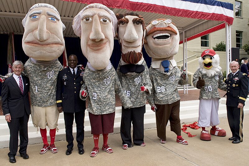 File:The Washington Nationals' presidential mascots and official mascot, Screech, pose for a photo with, from left, Secretary of the Army John McHugh, Vice Chief of Staff of the Army Gen. Lloyd Austin and Chairman 120614-A-TT930-006.jpg