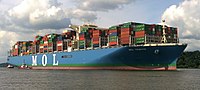 The new container ship MOL Tribute on the Elbe with destination port of Hamburg - 2017 (cropped).jpg