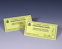 Tickets dated January 14 and 15, 1999, for President Bill Clinton's impeachment trial Tickets for Bill Clinton's impeachment trial.jpg