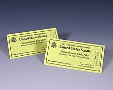 Senate gallery admission tickets dated January 14 and 15, 1999 Tickets for Bill Clinton's impeachment trial.jpg