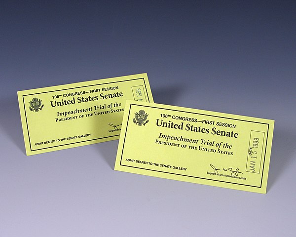 Tickets dated January 14 and 15, 1999, for President Bill Clinton's impeachment trial