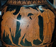 Tityos ryöstää Leton, vasemmalla Apollon ja oikealla Artemis. Yksityiskohta Fintiaan maalaamasta amforasta, n. 515 eaa.