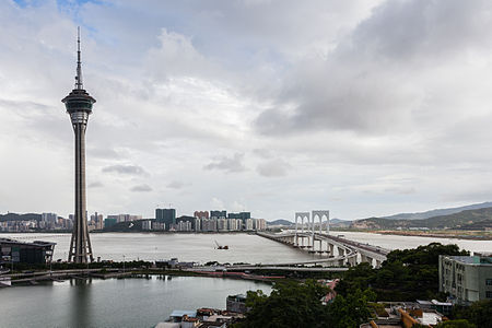 View of Sai Van Bridge and the Macau Tower with the island of Taipa in the background, Macau