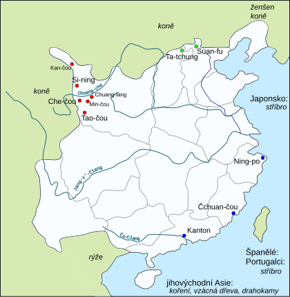 Mapa Číny, červeně vyznačeno šest měst na severozápadě při hranici s Tibetem, zeleně dvě na severu (Ta-tchung a Süan-tu), modře tři přístavy na jihovýchodě (Ning-po, Čchüan-čou, Kanton).