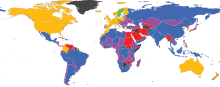A world map showing the legislative situation in different countries to prevent female trafficking as of 2009
according to WomanStats Project.
Gray: No data
Green: Trafficking is illegal and rare
Yellow: Trafficking is illegal but problems still exist
Purple: Trafficking is illegal but is still practiced
Blue: Trafficking is limitedly illegal and is practiced
Red: Trafficking is not illegal and is commonly practiced Trafficking of Females.svg