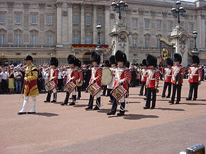 The Corps of Drums of 1st Battalion Grenadier Guards marching away from the forecourt of Buckingham Palace. Trooping the Colour 2009 092.jpg