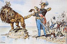 President Cleveland twists the tail of the British Lion regarding Venezuela, a policy hailed by Irish Catholics in the United States, as depicted in a cartoon published in Puck by J.S. Pughe in 1895 Twist-British-Tail.jpg