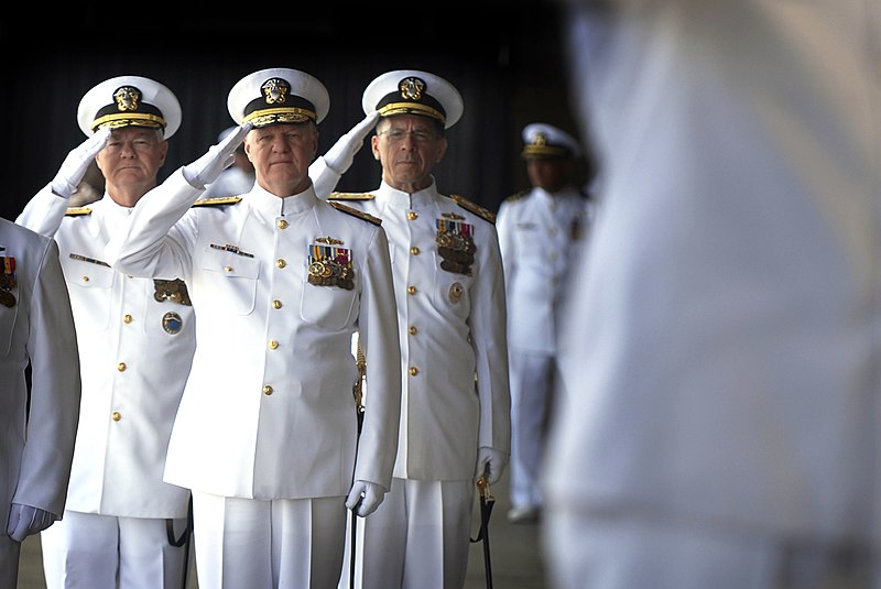 File:US Navy 070508-N-0696M-013 Commander, Pacific Command, Adm. Timothy J. Keating, outgoing Commander, U.S. Pacific Fleet (COMPACFLT), Adm. Gary Roughhead, and Chief of Naval Operations (CNO) Adm. Mike Mullen salute during the arr.jpg